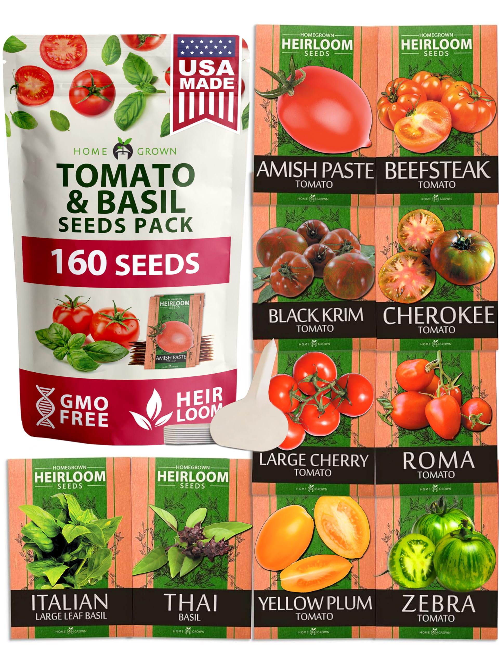 HOME GROWN Heirloom Tomato Seeds for AFN1Planting with Seeds Including Cherry, Roma, Beefsteak, Zebra, Yellow Plum, Amish Paste, Cherokee, Krim, Italian Basil & Thai Basil