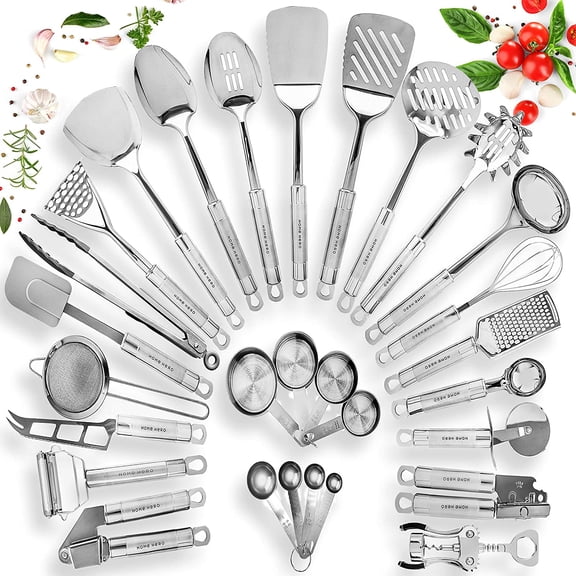 HOME HERO Stainless Steel Kitchen Utensil Set - 29 Cooking Utensils - Nonstick Kitchen Cookware Set