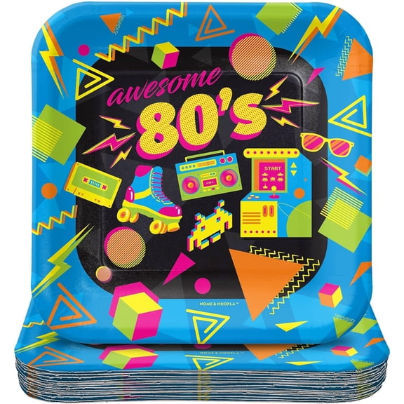 HOME & HOOPLA 80's Party Supplies - Totally Awesome 1980's Icons Square Paper Dessert Plates for 16 Guests