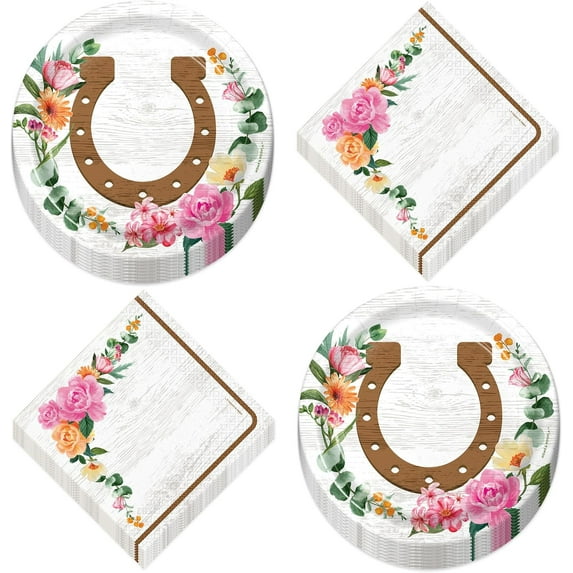 HOME & HOOPLA Floral Horse Party Wood and Floral Party Horseshoe Paper Dessert Plates and Beverage Napkins For Cowgirl and Derby Party Decorations (Serves 16)