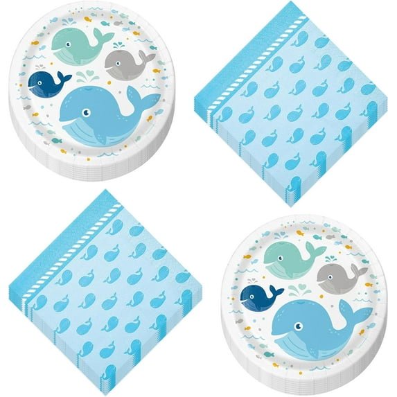 HOME & HOOPLA Lil' Blue Spout Whale Ocean Party Round Paper Dessert Plates and Beverage Napkins for Birthday Parties and Baby Showers (16 Plates & Napkins)