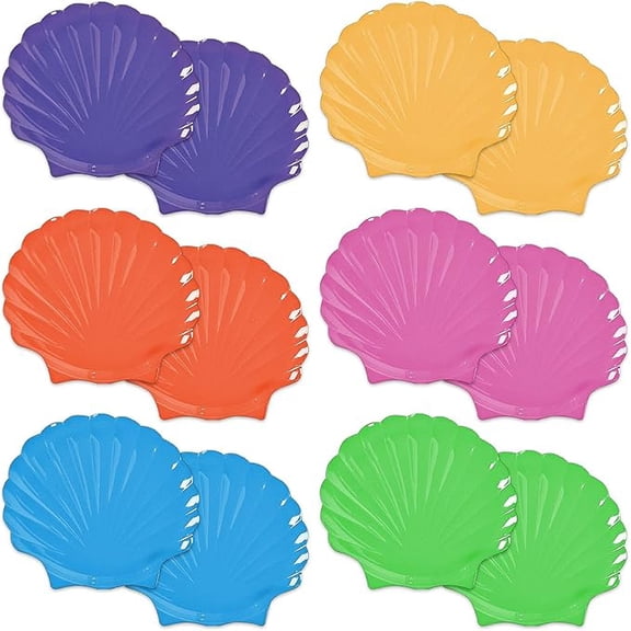 HOME & HOOPLA Mermaid Kids Plastic Reusable Shell-Shaped Plate Set - Rainbow Multi Color Set of 12