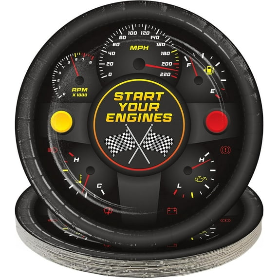 HOME & HOOPLA Race Party Supplies - Start Your Engines Round Paper Dinner Plates for 16 Guests