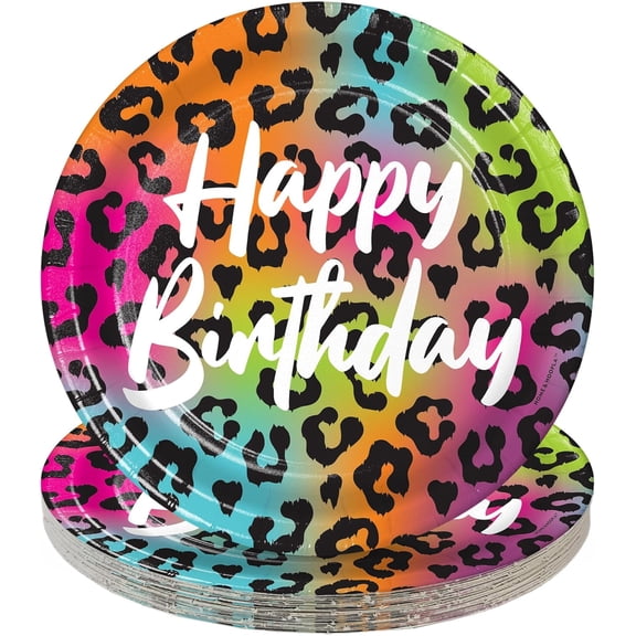 HOME & HOOPLA Wild Child Party Supplies - Colorful Animal Print Birthday Round Paper Dessert Plates for 16 Guests