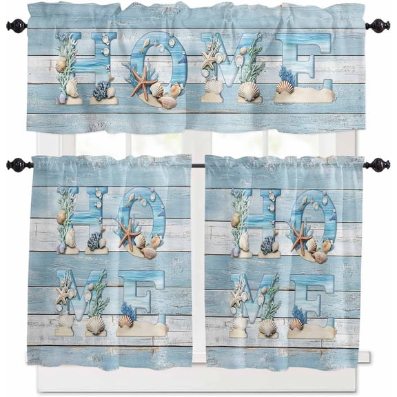 HOME Kitchen Curtains and Valances Set, Beach Coastal Starfish Shell Rod Pocket Window Valance 18 Inch Retro Blue Wood Grain Window Curtain Panels for Living Room Bedroom Laundry, 27.5x24in, 3 Pieces