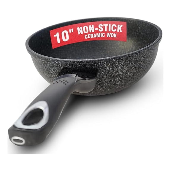 HOME N KITCHENWARE 9-Layered Premium Marble Pan- Ceramic Marble Wok - Easy to Clean Korean Stone-Coated Nonstick, Induction Ready, Cast Aluminum Woks & Stir-Fry Pans - 10 inch