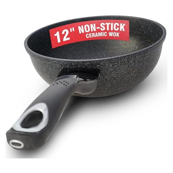 HOME N KITCHENWARE Nonstick Ceramic Wok, Frying Pan - Premium 9-Layered Cookware, Korean Marble-Coated - Easy to Clean Cast Aluminum - Induction Ready for Saute, Stir-Fry, Eggs, Fried Rice 12-Inch