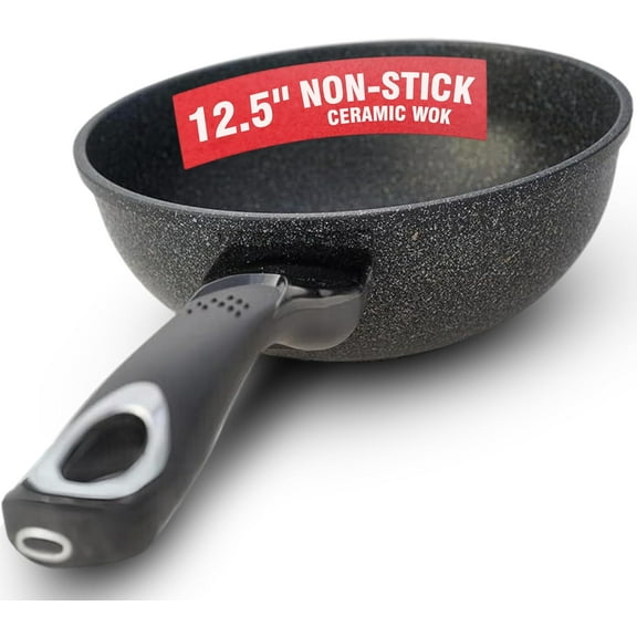 HOME N KITCHENWARE Nonstick Ceramic Wok, Frying Pan - Premium 9-Layered Cookware, Korean Marble-Coated - Easy to Clean Cast Aluminum - Induction Ready for Saute, Stir-Fry, Eggs, Fried Rice 12.5-Inch