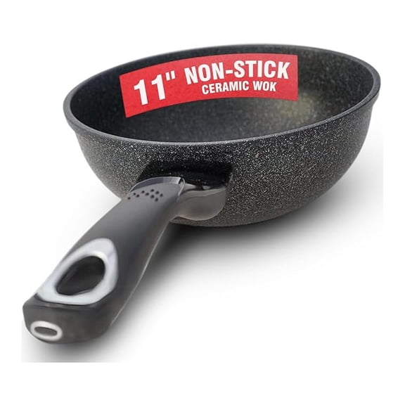 HOME N KITCHENWARE Nonstick Ceramic Wok, Frying Pan - Premium 9-Layered Cookware, Korean Marble-Coated - Easy to Clean Cast Aluminum - Induction Ready for Saute, Stir-Fry, Eggs, Fried Rice 11-Inch