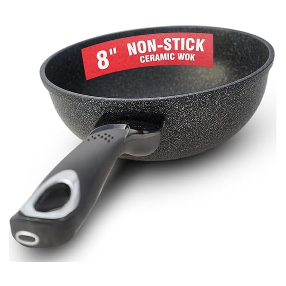 HOME N KITCHENWARE Nonstick Ceramic Wok, Frying Pan - Premium 9-Layered Cookware, Korean Marble-Coated - Easy to Clean Cast Aluminum - Induction Ready for Saute, Stir-Fry, Eggs, Fried Rice 8-Inch