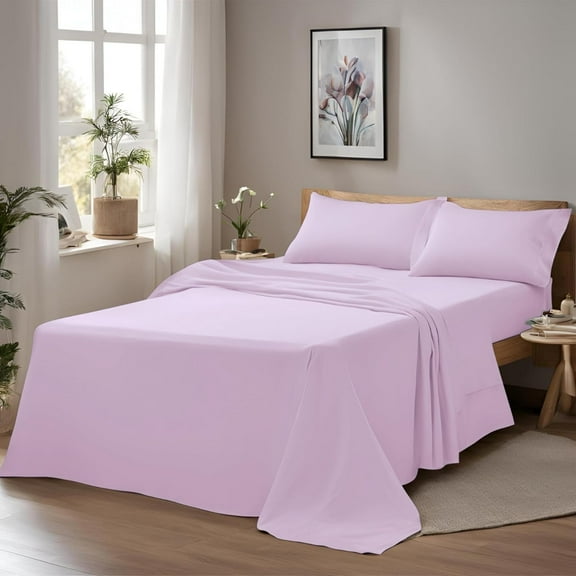 Home Prides 100% Cotton Queen Sheets Set, 400 Thread Count, Ultra Soft Sateen 4-Piece Bedding Set, 15" deep pocket, OEKO-TEX Certified Bed Sheets, Light Lilac Pink