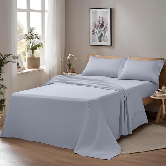 Home Prides 100% Cotton Queen Sheets Set, 400 Thread Count, Ultra Soft Sateen 4-Piece Bedding Set, 15" deep pocket, OEKO-TEX Certified Bed Sheets, Light Gray Violet