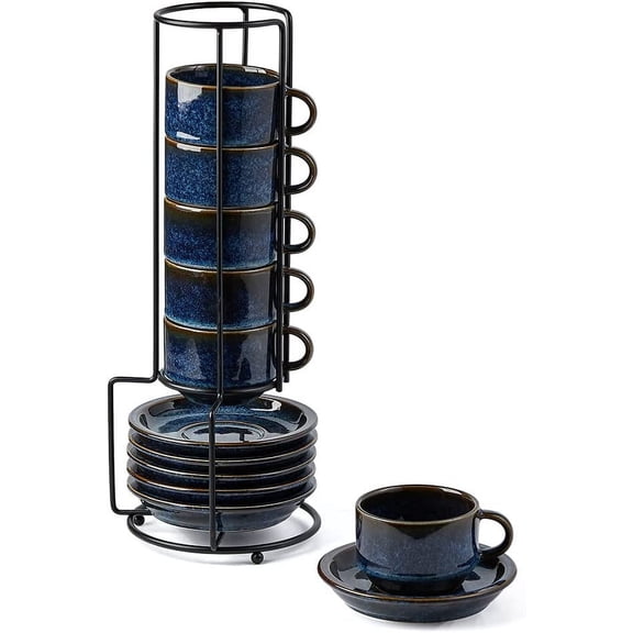 Stackable Espresso Cups with Saucers and Metal Stand, 4 Ounce Demitasse Mugs for Coffee, Latte, Tea, Set of 6, Reactive Glaze Blue Bestseling