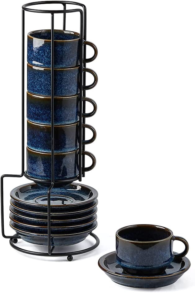 Selamica 8oz Porcelain Espresso Cups Set - 4 Stackable Cups With Saucers & Metal Stand, Assorted Colors