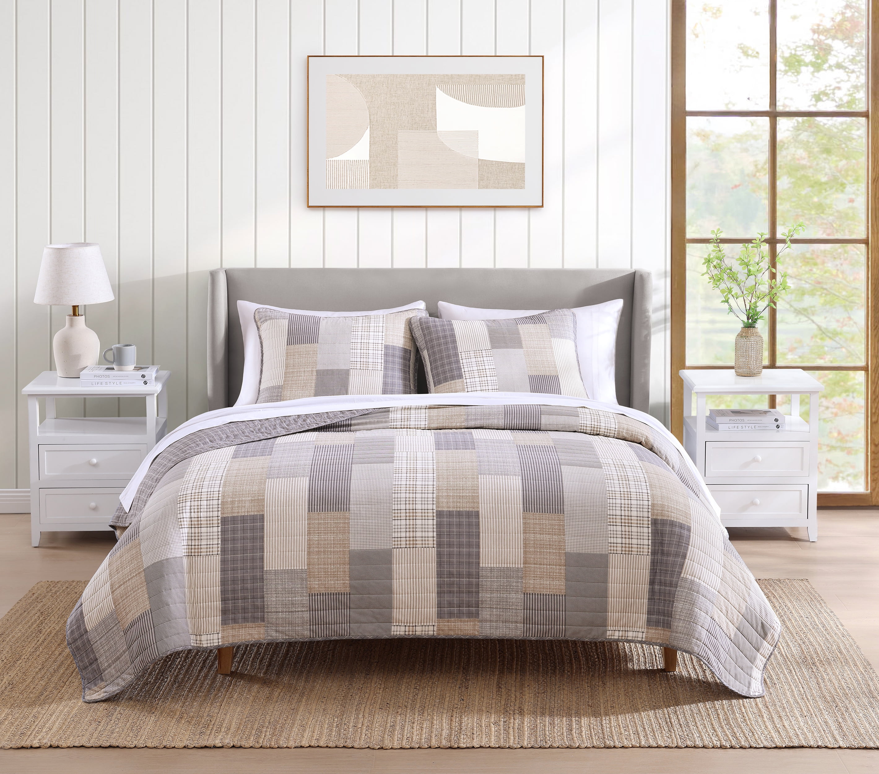 Gray and Taupe Cotton Twin Reversible Quilt Set