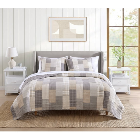 HOME RETREAT Lakeshore Plaid Grey Soft Cotton 3 Piece Quilt Set - King