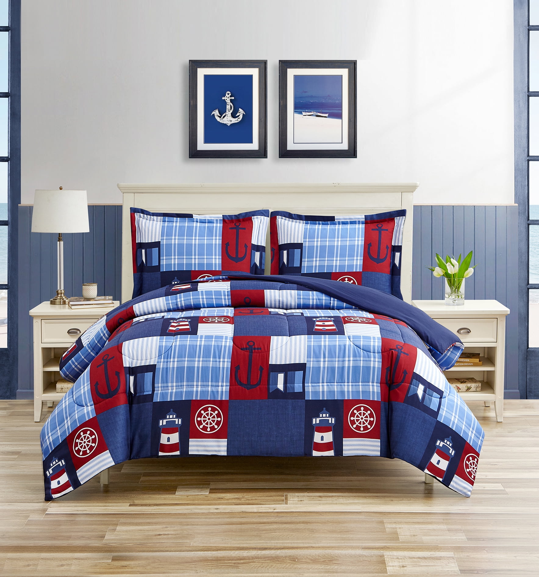 HOME RETREAT Nautical Patch Blue Ultra Soft Microfiber 3 Piece Comforter Bedding Set - King