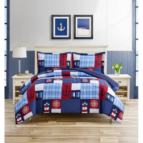 HOME RETREAT Nautical Patch Blue Ultra Soft Microfiber 3 Piece Comforter Bedding Set - King