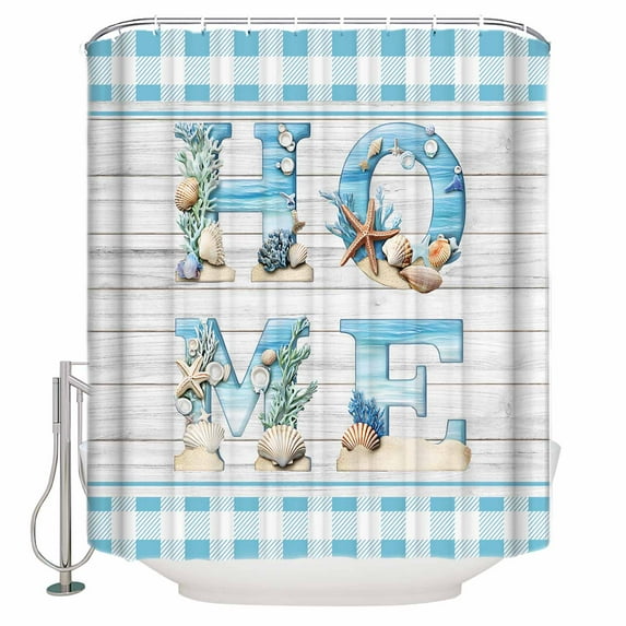 HOME Shower Curtain, 48" x 72", Beach Starfish Shell Blue Plaid Wood Grain Waterproof Bathroom Curtain Washable Shower Curtain Set with 12 Hooks