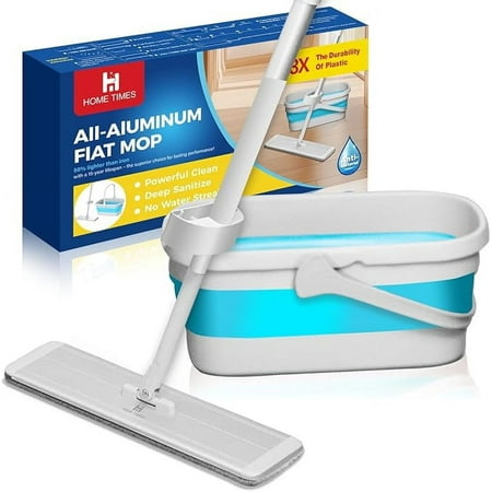 HOME TIMES Foldable Mop and Bucket Set , Floor Cleaning Mop with Drain Function, Microfiber Flat Mop for for Home, Indoor & Outdoor Mop for Patio, Deck, RV Cleaning