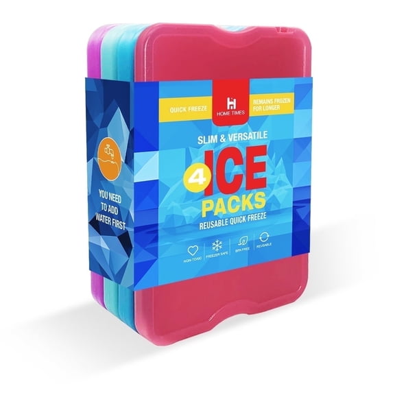 HOME TIMES 4 Pcs Reusable Slim Ice Packs for Lunchboxes, School, Camping & Fishing, 4.72x6.88 in Freezer Packs (Requires Water Addition)
