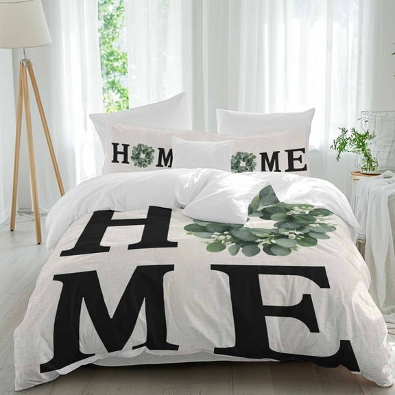 HOME Twin Size Comforter Set, Vintage Linen Bottom Eucalyptus Leaves Bedding for All Seasons, 4 Pcs Bed Set, 1 Quiltcover (68"x86") ,1Sheet(67"x116"), 2Pillowcases (30"x20")