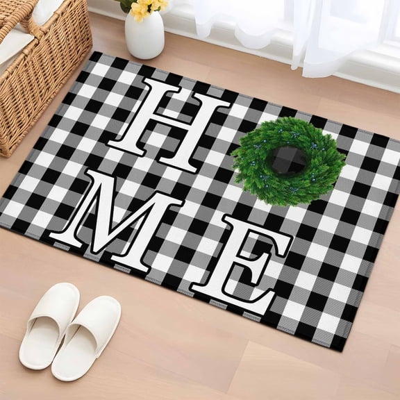HOME Washable Small Entryway Area Rugs 2'x3', Green Wreath Black White Plaid Farmhouse Low Pile Throw Rug Non-Slip Sturdy Edge Binding Carpet for Front Door Floor Room Entry