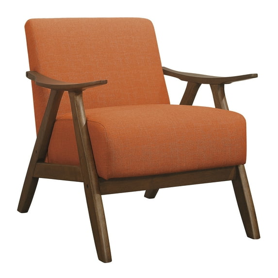 HOMEBYTE Modern Home Furniture Orange Color Fabric Upholstered 1pc Accent Chair Cushion Back and Seat Walnut Finish Solid Rubber Wood Furniture