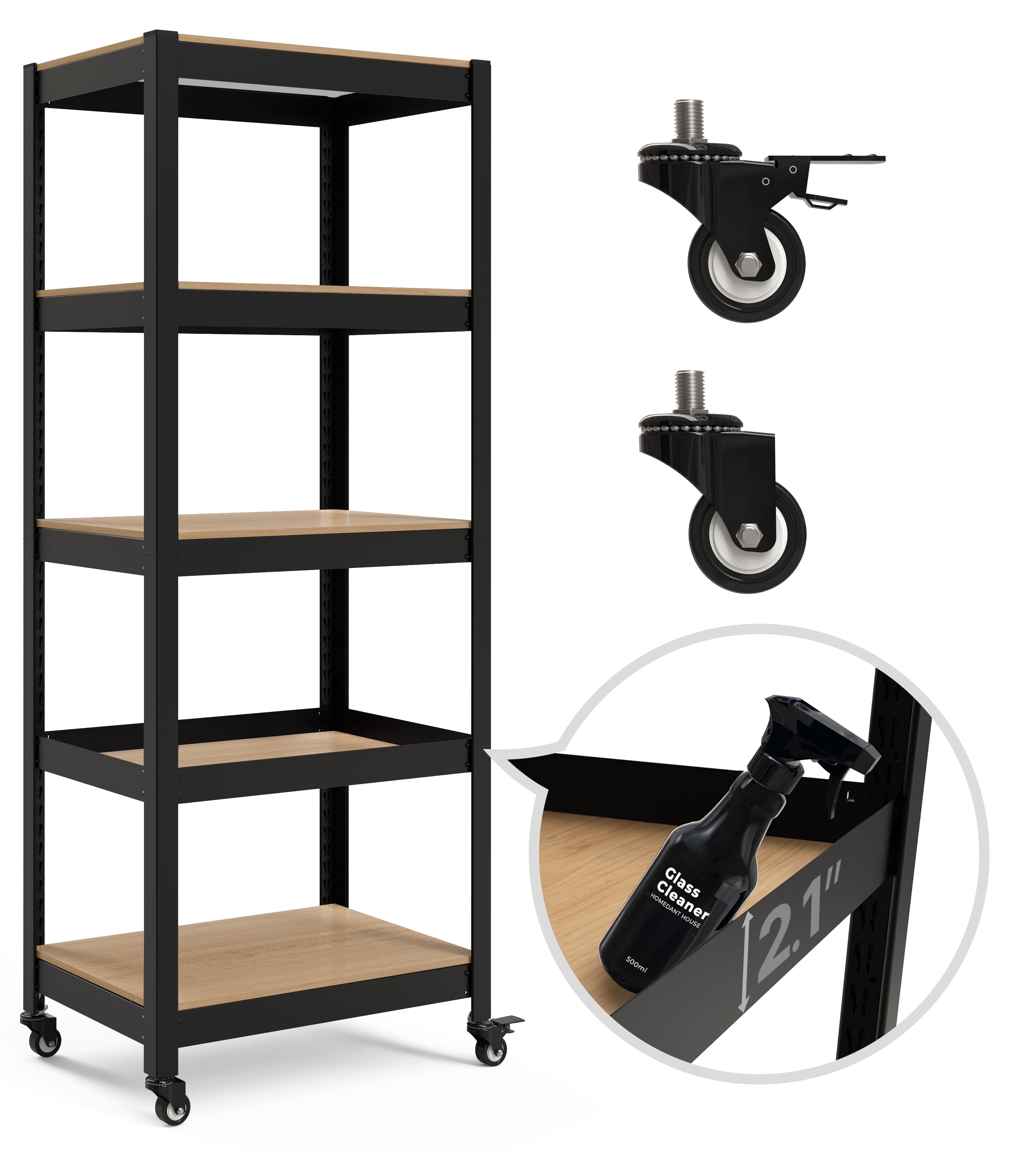 Heavy Duty Black Metal 5-Tier Adjustable Rolling Storage Rack