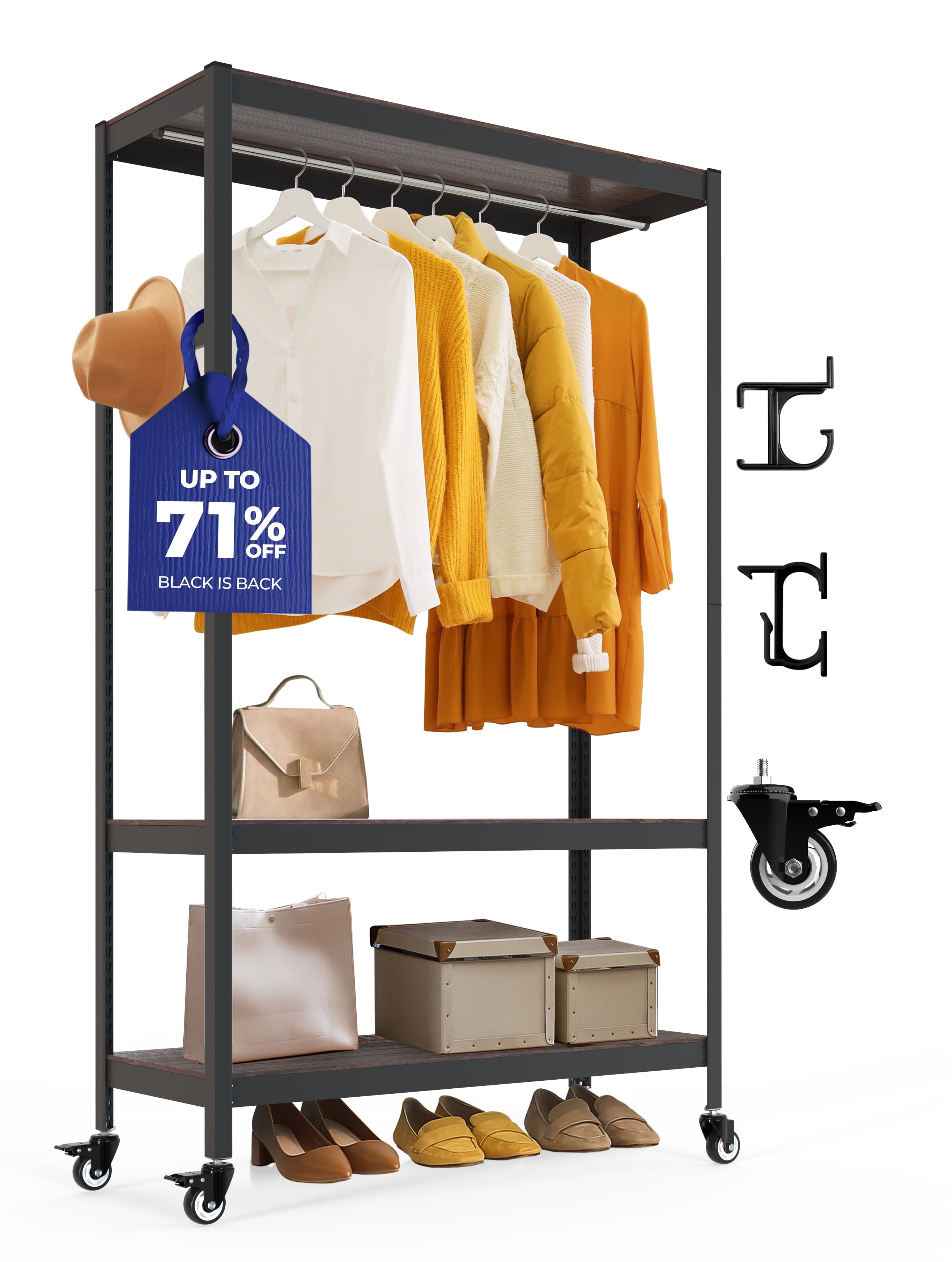 Black Adjustable Metal Garment Rack with Shelves and Casters