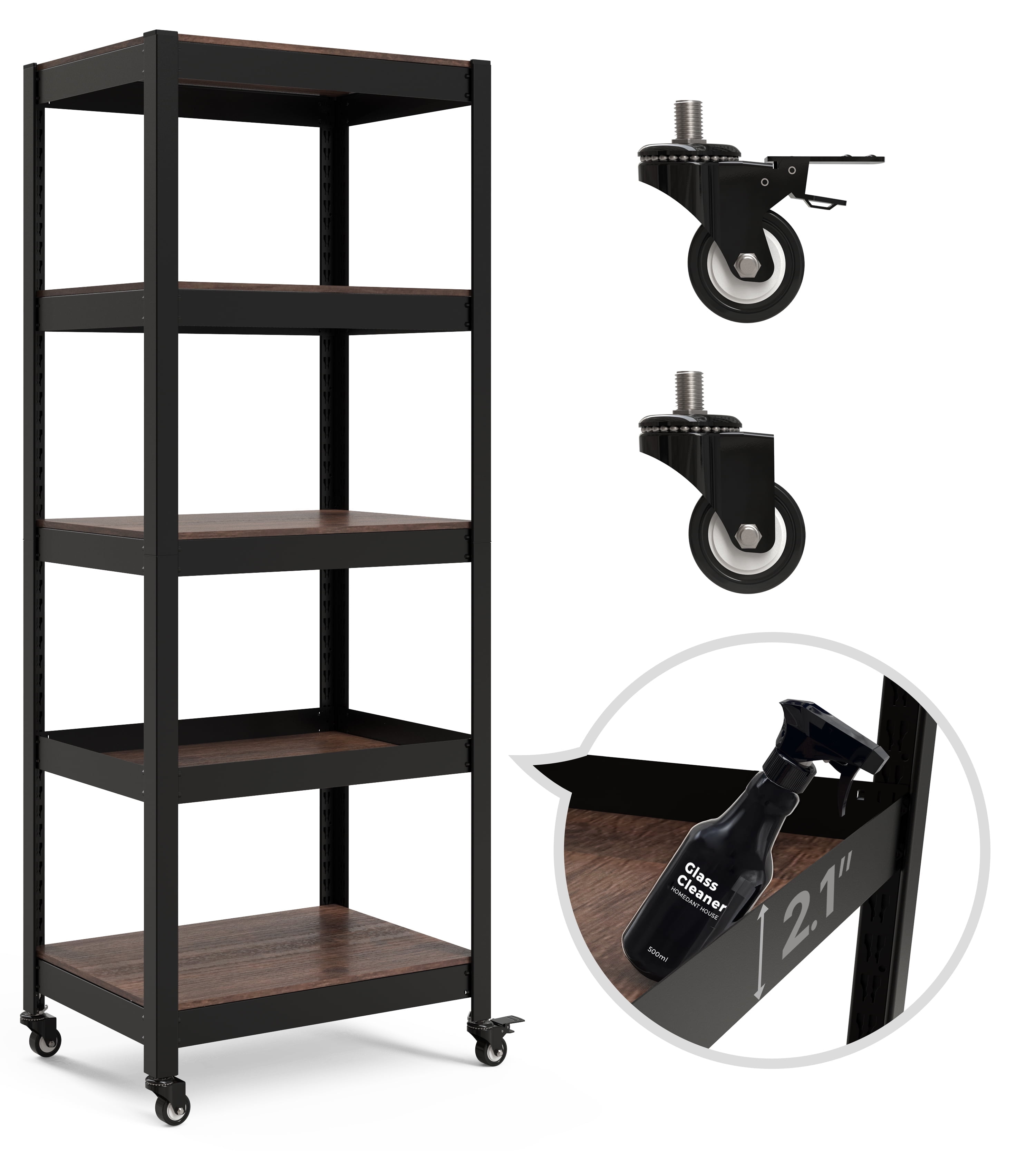 Heavy Duty Black Metal 5-Tier Adjustable Rolling Storage Rack