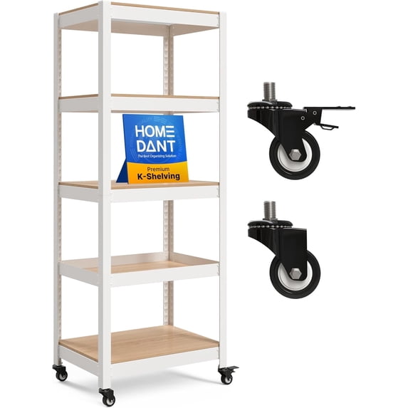 HOMEDANT House White 5-Tier Metal Rolling Cart Shelf Rack Casters Heavy Duty Wheel Shelving Unit Adjustable Utility Storage Shelves Organizer Shelf Kitchen Garage 24.4" W x 16.5" D x 62.2" H 1Pack