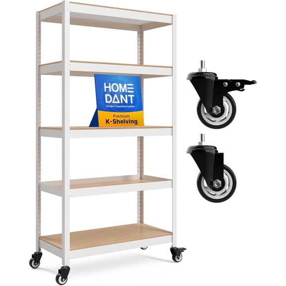 HOMEDANT House White 5-Tier Metal Storage Shelf Unit with Wheels, Garage Shelves Pantry Shelves 36.2" W x 16.5" D x 69.5" H