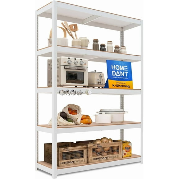 HOMEDANT House White 48" Wide Boltless Heavy Duty Garage Storage Shelving Adjustable 5-Tier Metal Shelves Laminated Organization Shelf Industrial Utility Rack Pantry Shed Office Store