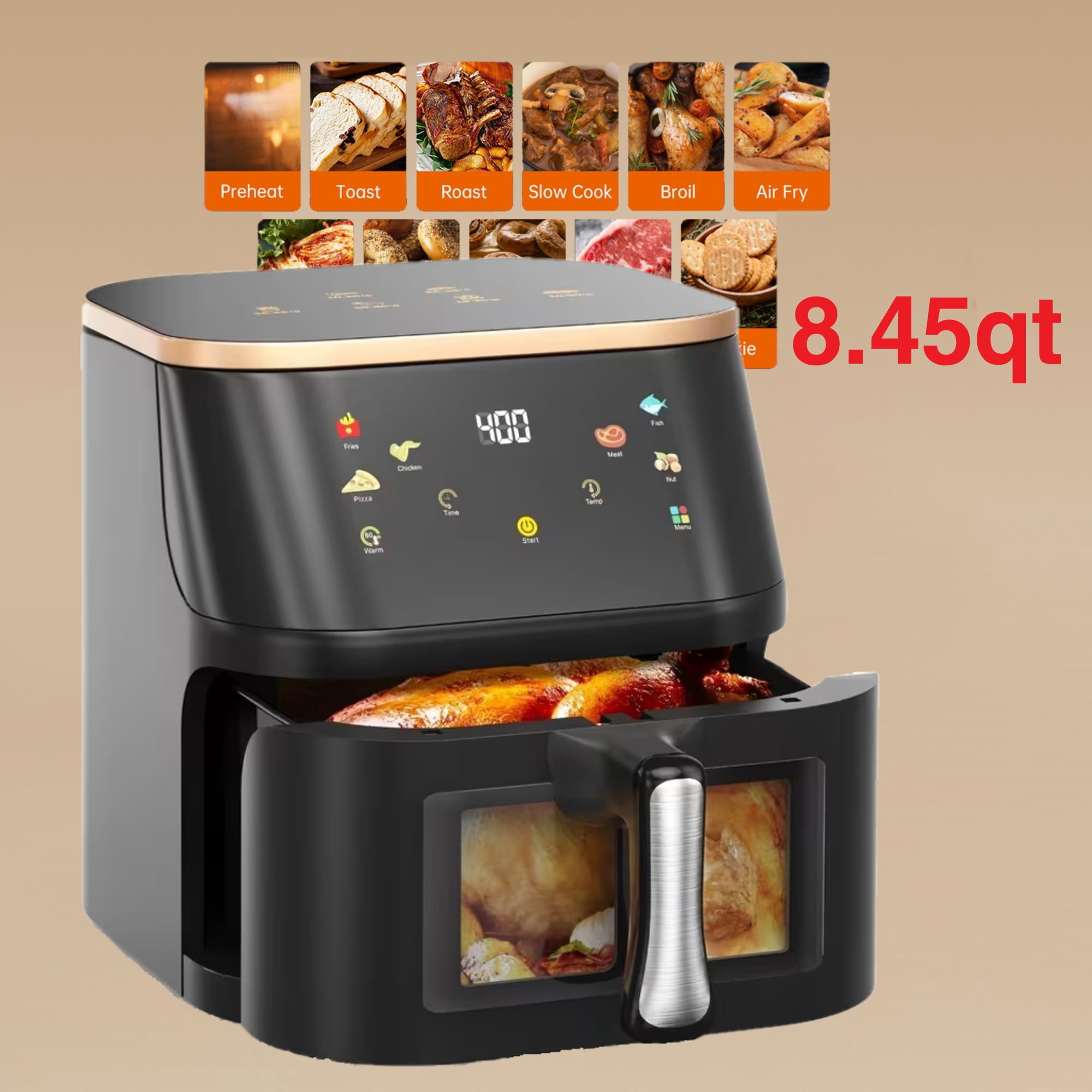 HOMEDAS® 6-in-1 8.45-Qt Visible Window Air Fryer, 6 Functions, with Digital LED Touch Screen, Dishwasher Safe, Non-Stick