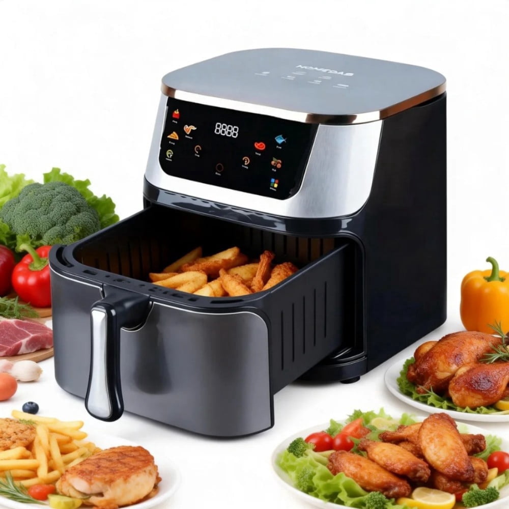 HOMEDAS® 8L 6-in-1 Stainless Steel Air Fryer，6 Cooking Functions + Digital Touch Controls
