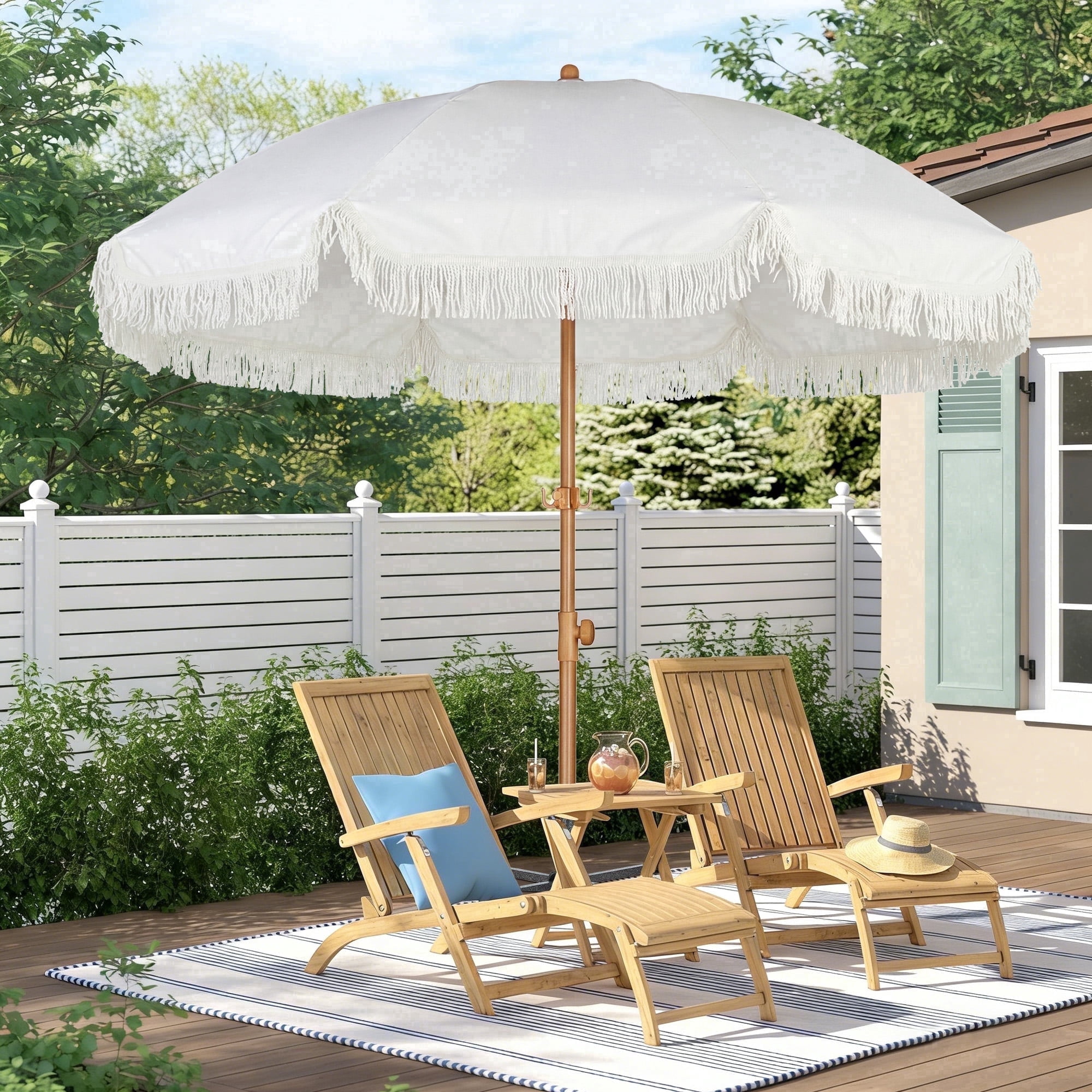 HOMEDEMO Boho Patio Umbrella with Fringe & Tassel - UPF50+ Sun Protection, Push Button Tilt, Premium Aluminum Pole & Fiberglass Ribs, Outdoor Market Umbrella with Hanging Hook