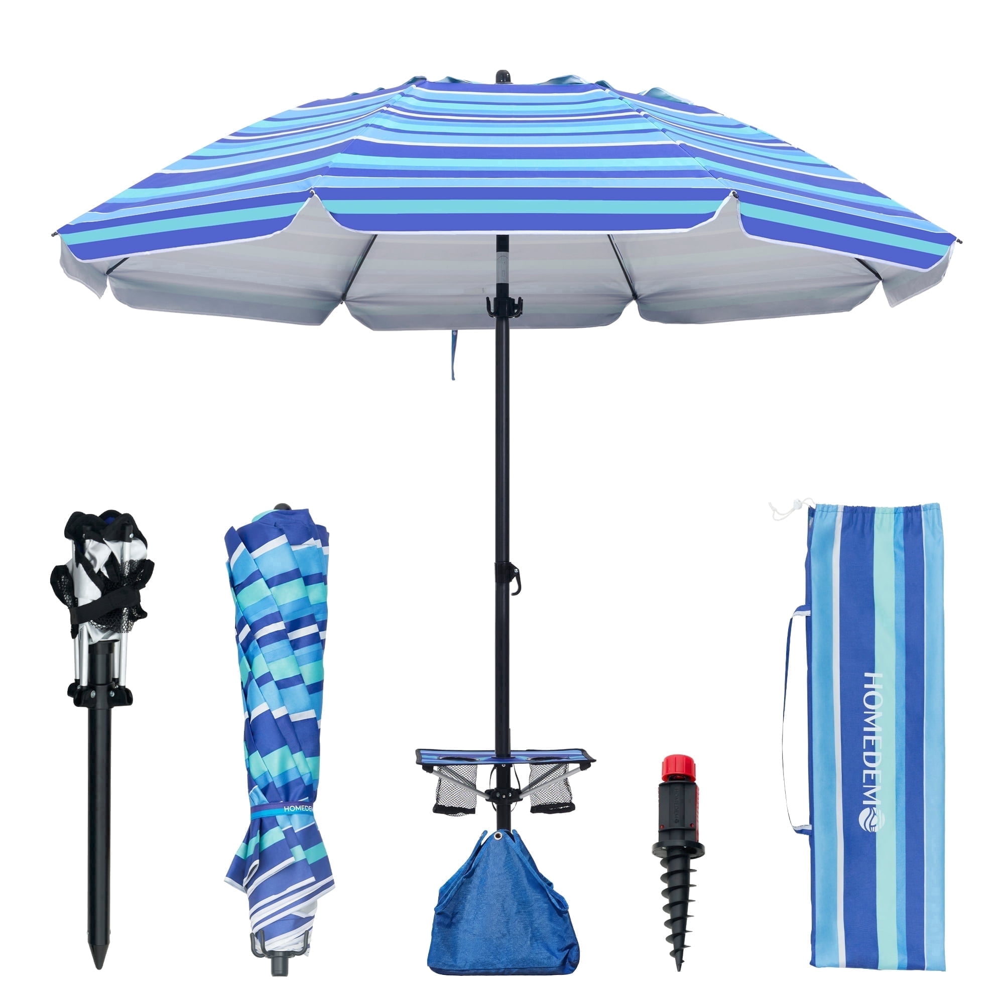 HOMEDEMO Heavy Duty Beach Umbrella with Weight Bag & Large Sand Anchor, 8FT Beach Umbrella with Adjustable Pole and Built-in Table, Navy Blue Stripe