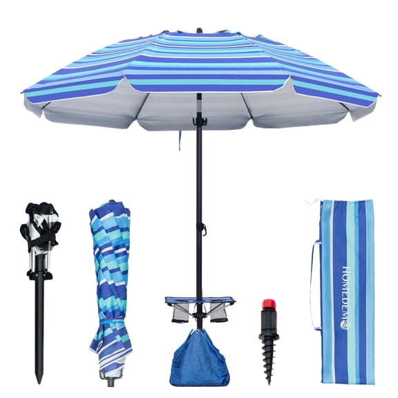 HOMEDEMO Heavy Duty Beach Umbrella with Weight Bag & Large Sand Anchor, 8FT Beach Umbrella with Adjustable Pole and Built-in Table, Navy Blue Stripe