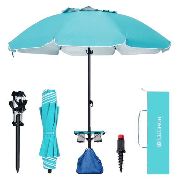 HOMEDEMO Heavy Duty Beach Umbrella with Weight Bag & Large Sand Anchor, 8FT Beach Umbrella with Adjustable Pole and Built-in Table, Türkiye Blu