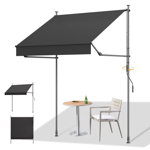 HOMEDEMO Manual Foldable Retractable Awning, 138"W x 118"H Foldable Side Bar 30°-180°, NO Drilling Awings for Backyard Garden Porch Outside Dark Gray