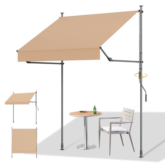 HOMEDEMO Manual Foldable Retractable Awning, 59"W x 118"H Foldable Side Bar 30°-180°, NO Drilling Awings for Backyard Garden Porch Outside Camel