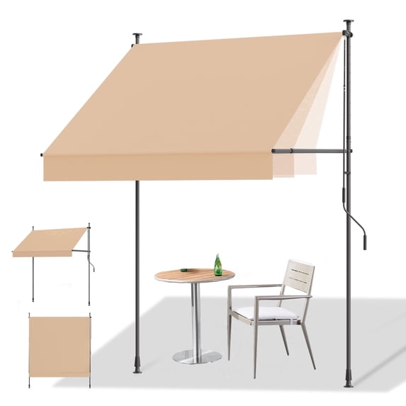HOMEDEMO Manual Retractable Awning, 79"W x 118"H Retractable Side Bar 47-59", NO Drilling Awings for Backyard Garden Porch Outside Khaki