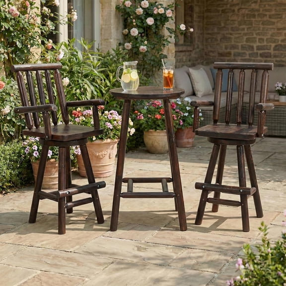 HOMEDIARY 3 Piece Outdoor Swivel Adirondack Bar Set, 41.9" Patio Log Bar Height Table & 2 Bar Stools with High Back, 500 LBS Heavy Duty Wooden Bar Stools Set for Deck Pub Garden Backyard, Carbonized