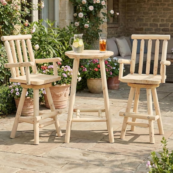 HOMEDIARY 3 Piece Outdoor Swivel Adirondack Bar Set, 41.9" Patio Log Bar Height Table & 2 Bar Stools with High Back, 500 LBS Heavy Duty Wooden Bar Stools Set for Deck Pub Garden Backyard, Natural
