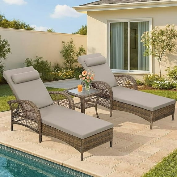 HOMEDIARY 3-Piece Outdoor Wicker Chaise Lounge Chair Set with Side Table, All Weather Patio Rattan Reclining Sunbathing Lounger Chair with 6-Position Adjustable Backrest, Armrest & Pillow, Beige