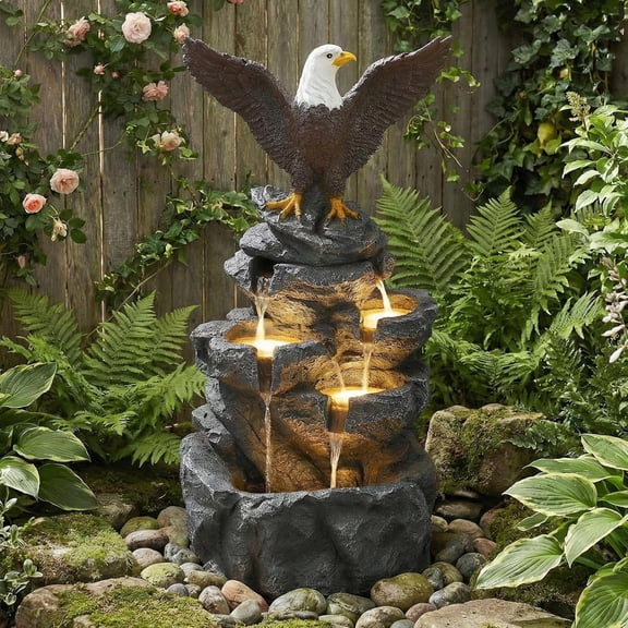 HOMEDIARY 37" H Outdoor Water Fountain, 4-Tier Cascading Waterfall Fountain with LED & Adjustable Pump, Garden Water Feature with Bald Eagle Statue, Natural Rock Finish for Patio, Backyard & Indoor