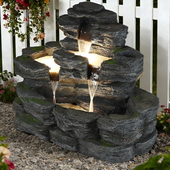 HOMEDIARY 4-Tier Outdoor Water Fountain, 29.7" L Rustic Rock Waterfall Fountain with LED Lights, Stone Texture Floor-Standing Resin Water Feature with Realistic Moss Accents for Patio, Porch & Indoor