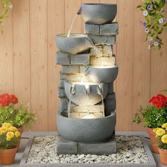 HOMEDIARY Modern 33" Tall Outdoor Water Fountain, Large 5-Tier Cascading Bowls Waterfall Fountain with LED Lights, Stone Texture Floor-Standing Resin Water Feature for Deck, Patio, Backyard & Indoor