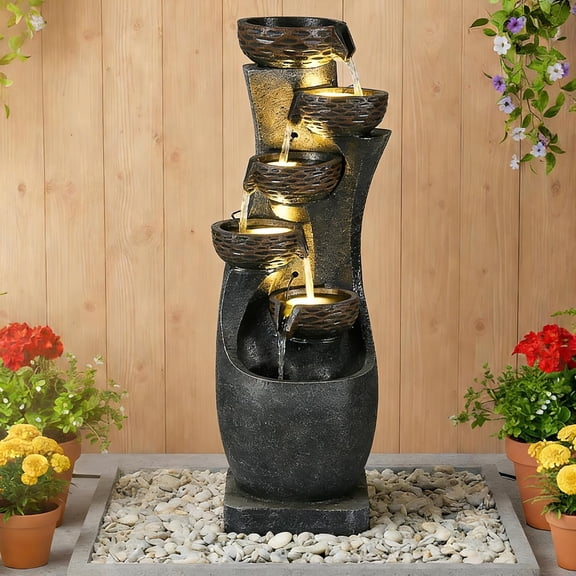 HOMEDIARY Modern 36" Tall Outdoor Water Fountain, Large 6-Tier Cascading Bowls Waterfall Fountain with LED Lights, Stone Texture Floor-Standing Resin Water Feature for Deck, Patio, Backyard & Indoor